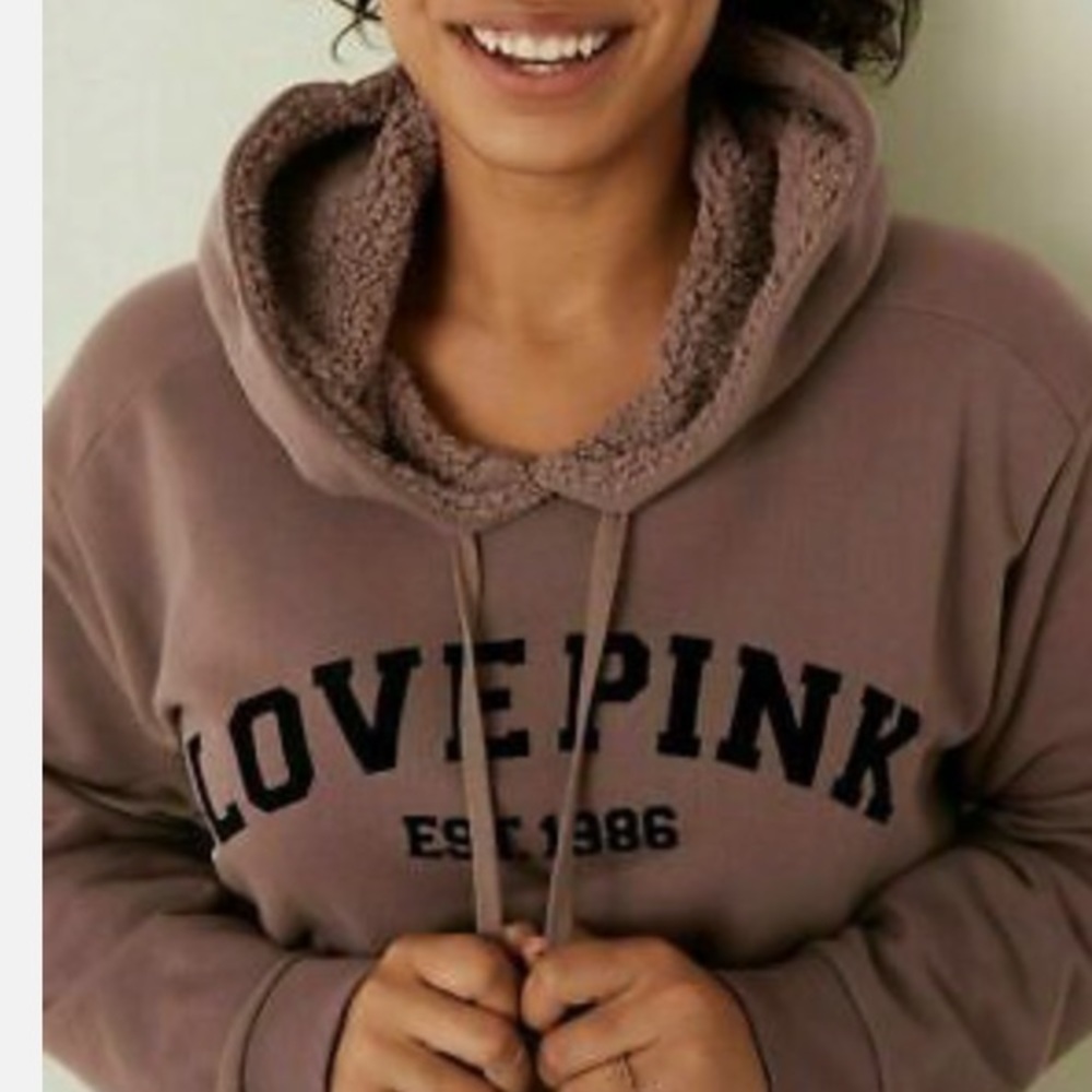 Victoria's Secret Pink Brown Sherpa Logo Everyday Pullover Hoodie size small​​ - Picture 9 of 9